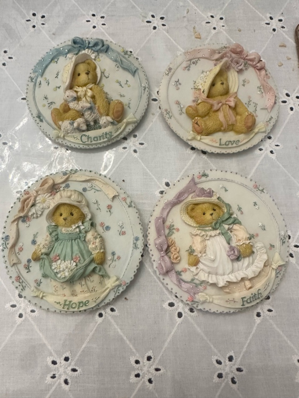 Vintage Cherished Teddies Love, Charity, Hope, Faith Plaque Set